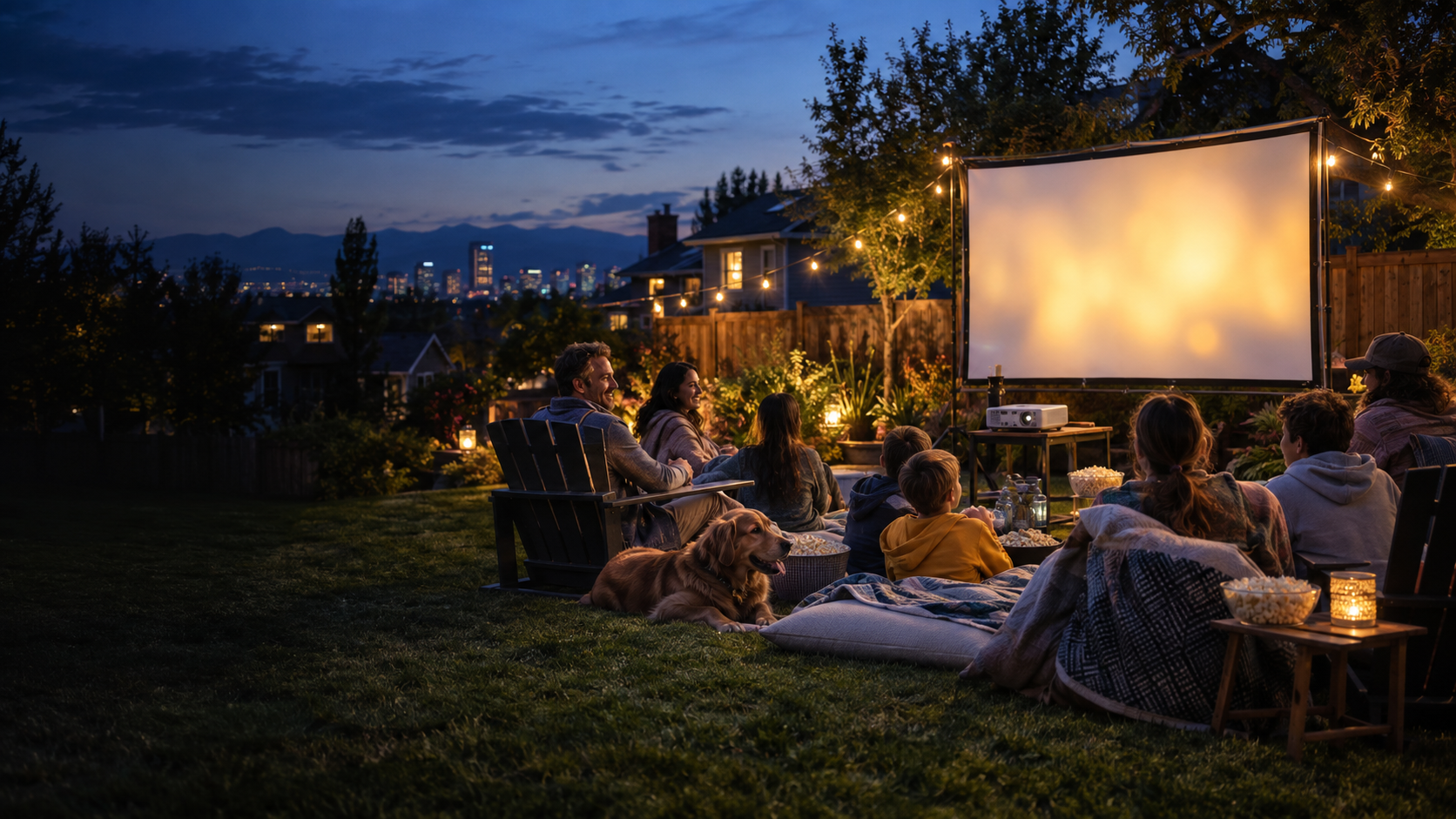 Neighbors gathered for an outdoor movie night under string lights